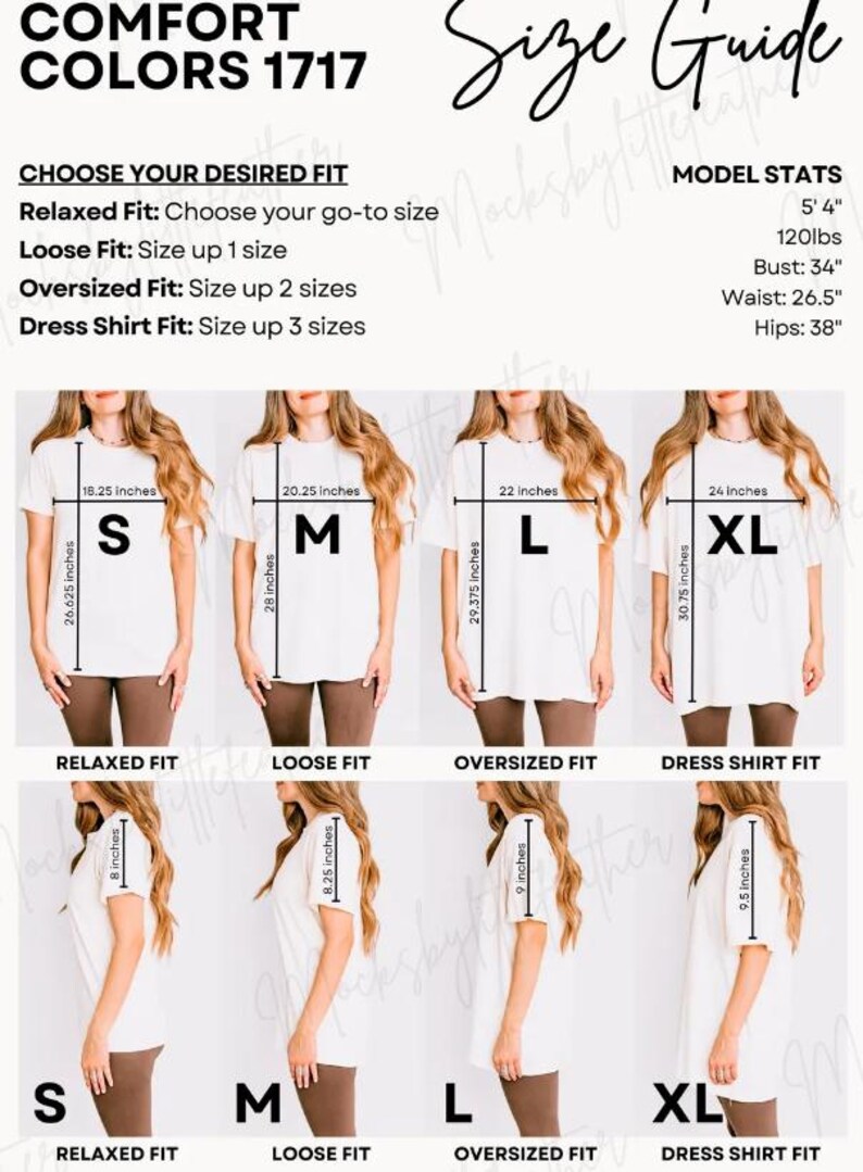 The image is a size guide for a dress shirt, showing different fit sizes for relaxed, loose, oversized, and dress shirt fits.
