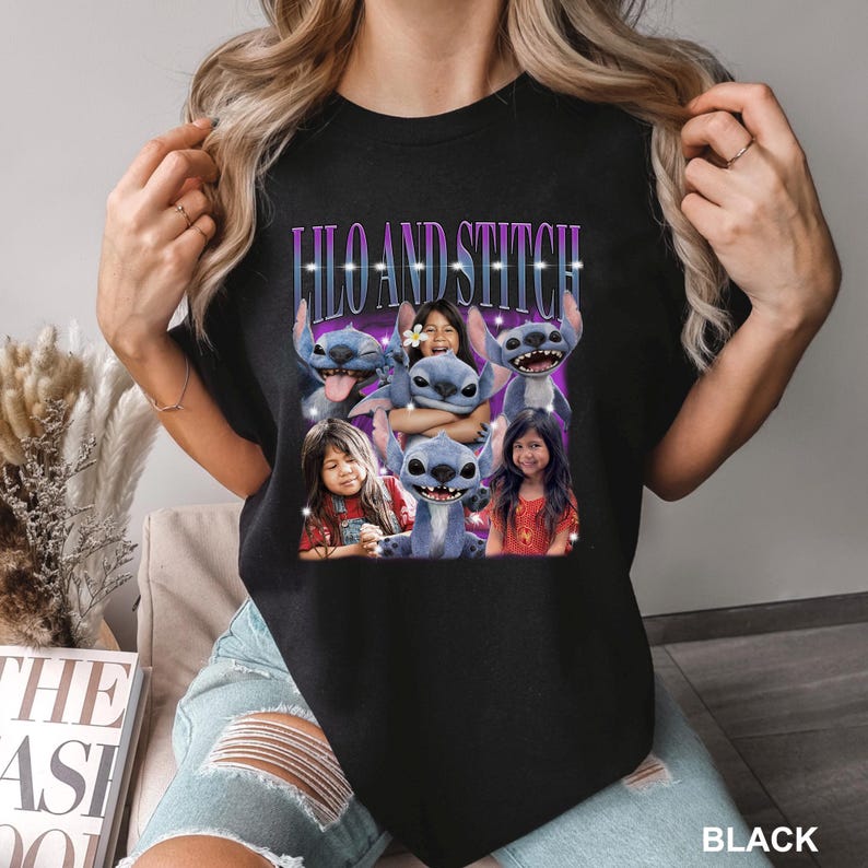 May include: Black t-shirt featuring the text "Lilo and Stitch" above a graphic of the characters Lilo and Stitch with three girls. The graphic is in shades of blue, purple, and white. The word "BLACK" is printed at the bottom right.