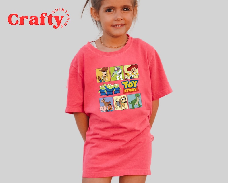 Pu&ograve; includere: Una maglietta rosa con una grafica colorata di personaggi del film Toy Story. La grafica include Woody, Buzz Lightyear, Rex e altri personaggi. Il testo "Toy Story" &egrave; stampato in lettere gialle sulla grafica.