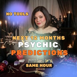 May include: A woman with short brown hair holds a tarot card, with text overlay: "NO TOOLS", "NEXT 12 MONTHS PSYCHIC PREDICTIONS", and "SAME HOUR". The scene includes lit candles, crystals, and keys, suggesting a psychic reading theme.