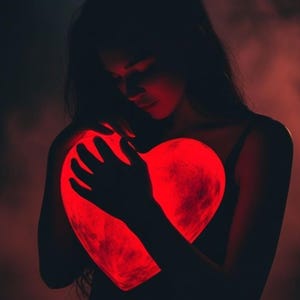 Peut inclure: Silhouette d'une personne tenant un objet en forme de cœur rougeoyant. Le cœur est tenu près du corps, dégageant une lumière douce sur un fond sombre. L'image évoque l'amour et l'intimité.