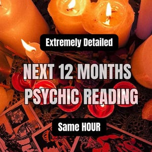 May include: An image featuring lit candles, tarot cards, and the text "NEXT 12 MONTHS PSYCHIC READING" and "Same HOUR". The scene is illuminated by warm candlelight, creating a mystical atmosphere.