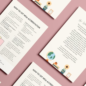 May include: A printed guide titled How to Get NESA Accreditation and Hi Welcome, featuring black text on white paper. The pages include illustrations of a globe, sunflowers in pots, books, and an hourglass, arranged on a solid pink background.