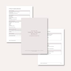 May include: A light gray booklet titled Volume Two Casual Teacher Booklet Classroom Backup, featuring pages with text including 5 Minute Brain Breaks, Copy the Leader, Rhythm Repeat, Balance Challenge, Follow My Instructions, and Move and Freeze.