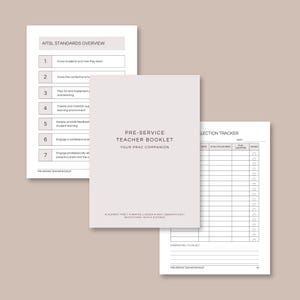 Könnte beinhalten: Ein Pre-Service Teacher Booklet mit hellbeigem Einband und dem Titel Your Prac Companion. Das Set enthält eine Seite AITSL Standards Overview mit sieben Standards und eine Collection Tracker-Seite mit Spalten für Datum, Fokusbereich und Dateispeicherort.