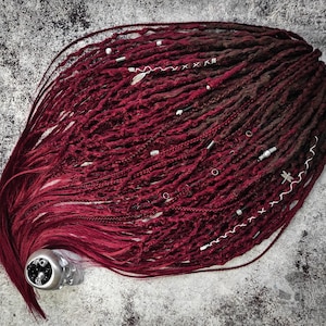 Brown Burgundy Synthetic Dreads with Braids and Decorations.