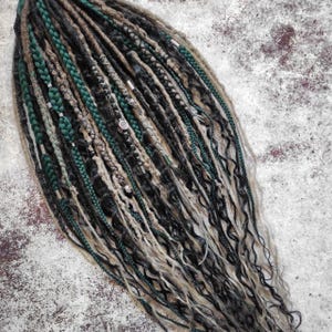 Black and Brown Gray Ombre Synthetic Dreads with Emerald Green Braids and Black Curls.