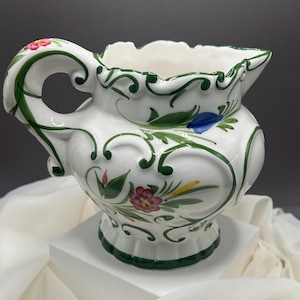 Vintage Portugal Handmade RCCL (Renascença Ceramics Coimbra Limited) Hand Painted Pottery Pitcher Elegant Floral Design