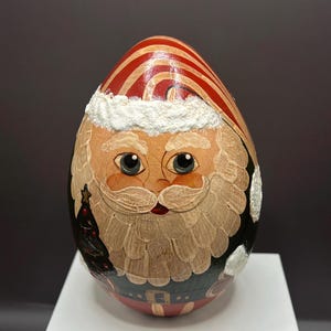 Hand Painted Wooden Santa Egg: Vintage Folk Art Christmas Decor