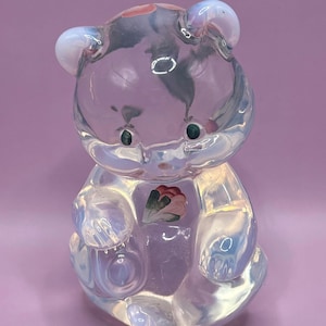 Vintage Fenton Art Glass Bear – Iridescent Hand Painted Signed Floral Figurine Collectible Home Décor Gift