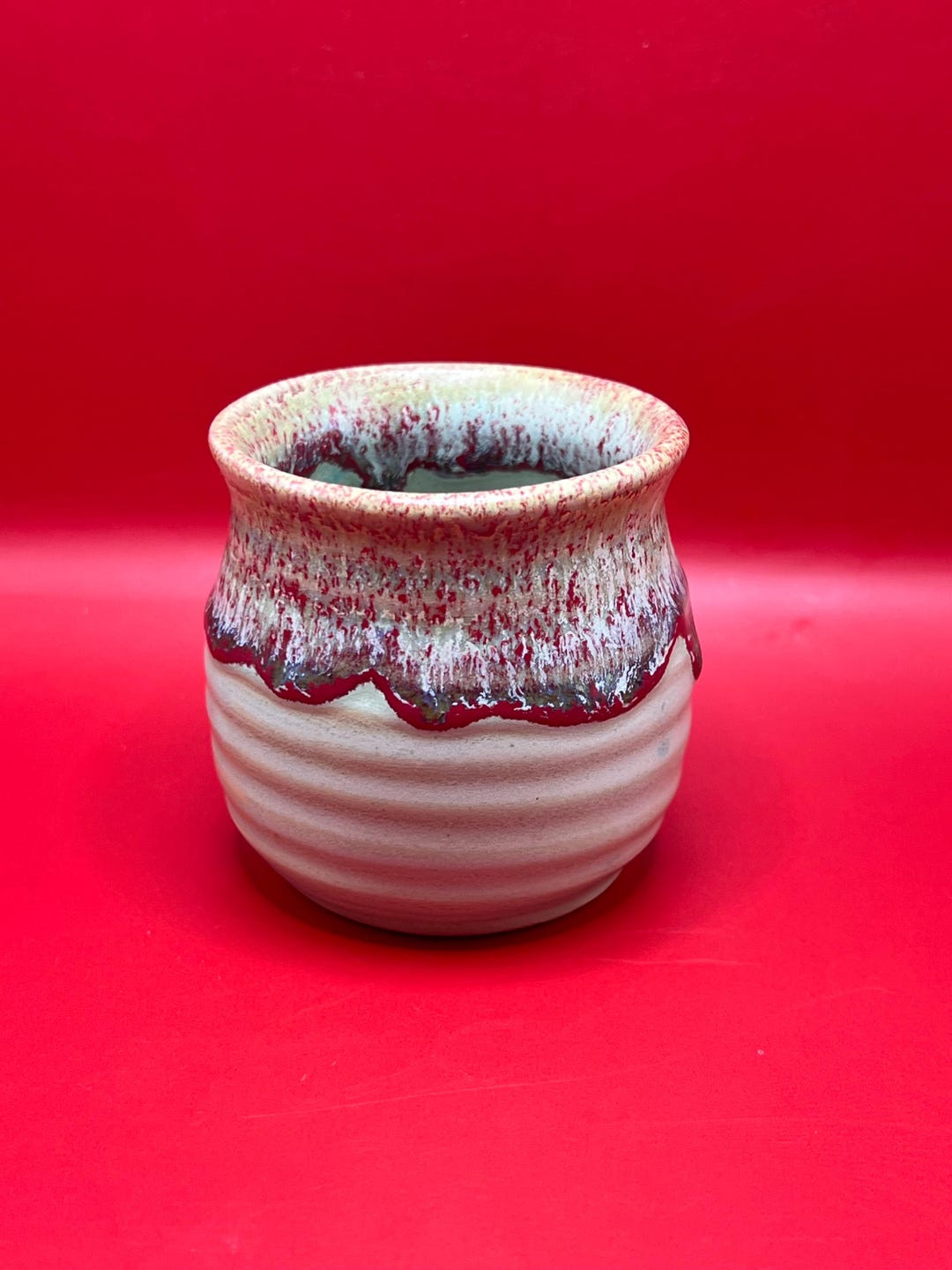 Vintage Studio Art Pottery Ikebana Vase Red Drip Glaze Handmade Ceramic ...