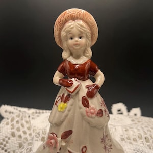 Vintage Girl Figurine Bell, Ceramic Hand Painted, Bonnet Dress, Floral Details, Cottagecore, Farmhouse, Decor Collectible, Bell Gift