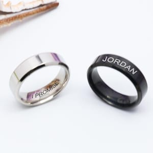 Personalized 6mm Black/Silver Steel Ring,Minimalist Ring,Engraved Ring,Personalized Promise Rings for Him&Her, Customize rings