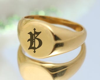 Anel de ouro com inicial personalizada, anel de prata esterlina 925 com sinete, presentes de aniversário, joias com anel de letra, presentes de Natal personalizados para ela