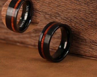 Custom Mens Wood Ring,Personalized Anniversary Gift For him,Engraved initials/roman numerals Tungsten Ring,8MM Tungsten &KOA Wood Inlay Ring