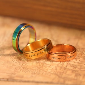 Custom Engraved Fidget Spinner Ring for Men,Personalize 6mm Anxiety Spinner Ring,Promise Ring, Gold Filled Finger Hematite Waterproof Ring