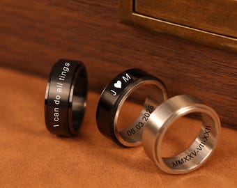 Custom Engraved 8mm  Fidget Spinner Ring for Men,Couple rings,roman numeral ring,Personalize Anxiety Spinner Ring,His Promise Ring