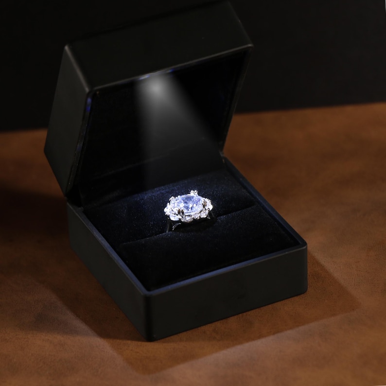 Pu&ograve; includere: Una scatola nera per anelli aperta, illuminata da un riflettore, che rivela un anello di diamanti. L'anello presenta una grande gemma trasparente e rotonda, circondata da pietre pi&ugrave; piccole. L'interno &egrave; in velluto nero.