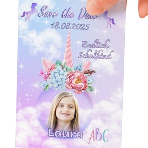 Save the Date Karte für Einschulung personalisiert - Themen Einhorn, Meerjungfrau, Fee, Schmetterling