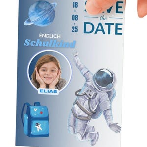 Save the Date Karte für die Einschulung  personalisiert -  Themen: Astronaut Dino Fußball und Drachen