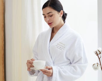 Albornoz de algodón de rizo personalizado: bata de spa unisex, algodón absorbente de lujo con bordado personalizado, regalo para él o ella