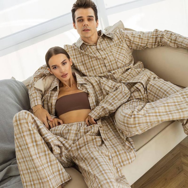 Pijamas a juego para parejas: conjunto de pijamas de franela a cuadros para él y para ella, pijamas cómodos para las vacaciones, regalo para dos.