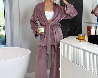 Velvet Pajama Set Women 2 Piece Robe & Pants Winter Sleepwear Lounge Set