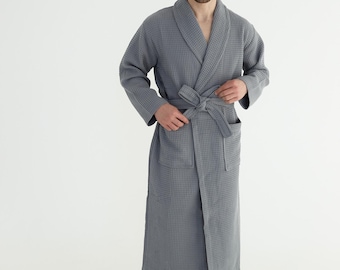 Personalized Mens Waffle Robe, Custom Embroidered Cotton Bathrobe, Kimono Spa Robe
