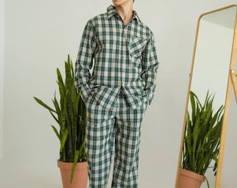 Men’s Pajama Set – Flannel Sleepwear, Cozy Button-Down Shirt & Lounge Pants, Plaid Homewear, Gift for Him