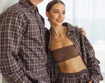 Cozy Plaid Couples Pajamas – Flannel Matching PJs, Soft Loungewear Set, Cute Sleepwear for Him and Her, Gift Idea