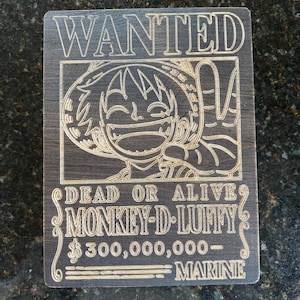 Wooden Luffy Wanted Poster Wall Art, One Piece Anime Decor | Laser Engraved Monkey D. Luffy Bounty Sign | Otaku Gift | Anime Room Decor.