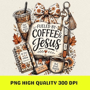 May include: A graphic illustration featuring an iced coffee cup, a floral bow, a vintage key, and an open book with the text FUELED BY COFFEE & JESUS. Includes a spiral notebook labeled BE STILL & KNOW, a coffee mug reading BUT FIRST, PRAYER, and a highlighter.