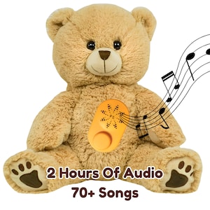 May include: A plush tan teddy bear with dark brown eyes and a stitched nose. An orange plastic speaker module is embedded in the chest with the letters FS. Text reads 2 Hours Of Audio 70+ Songs. Musical notes float from the speaker module.