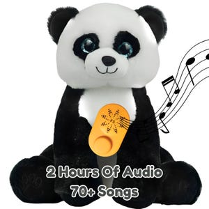 May include: A plush panda toy with black and white fur, large blue eyes, and a small black nose. An orange speaker module is attached to the chest. Text on the image reads: 2 Hours Of Audio, 70+ Songs. Musical notes are illustrated to the right.