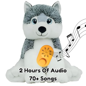 May include: A plush husky dog with gray and white fur, blue eyes, and an orange audio player on its chest. The text "2 Hours Of Audio 70+ Songs" is displayed below the dog. Musical notes are drawn in the background.