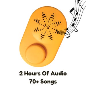 May include: An orange audio device with a speaker and a button, featuring the text "FS" and musical notes. The text below reads "2 Hours Of Audio 70+ Songs".