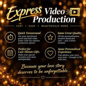 Può includere: Una grafica nera con testo dorato che recita Express Video Production, Fast, Easy, Beautifully Done. Le icone includono un cronometro, una stella, un calendario e un cuore. Il testo descrive la rapidità, la qualità e i regali. In basso si legge, Because your love story deserves to be unforgettable.