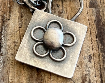 Oxidized Sterling Silver Flower Pendant and Necklace, Handmade