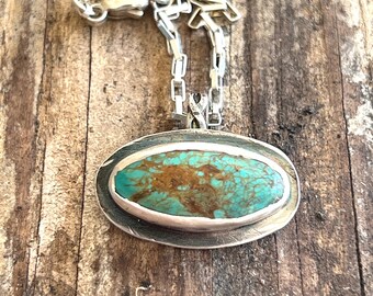 Kingman Turquoise and Oxidized Sterling Silver Pendant and Bright Sterling Silver Necklace