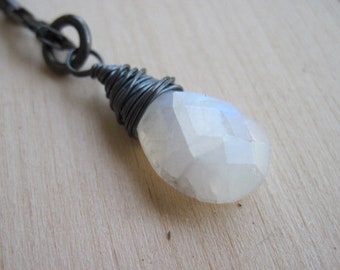 Oxidized Sterling Silver Necklace with Wire Wrapped Moonstone Briolette Pendant