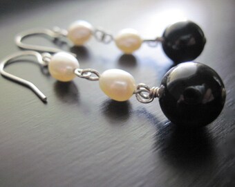 Freshwater Pearl Earrings, Black Onyx, Wire Wrapped, Dangle Earrings