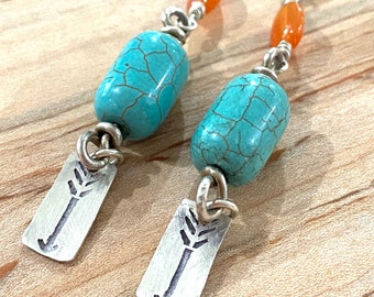 Sterling Silver Arrow, Magnesite, and Carnelian earrings, Hand-stamped