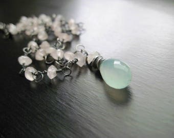 Mint Green Chalcedony Drop Necklace, Rose Quartz, Oxidized and Wire Wrapped Sterling Silver