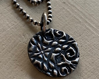 Fine Silver Ornate Necklace, Floral Design, Bead Ball Chain