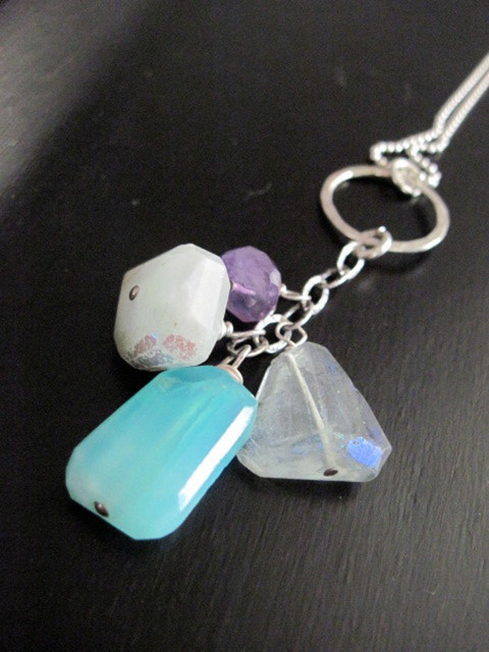 Gemstone Charm Necklace, Sterling Silver, Aquamarine, Amethyst, Opal