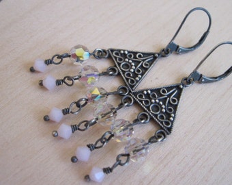 Oxidized Sterling Silver Earrings, With Swarovski Crystals and Triangular Earring