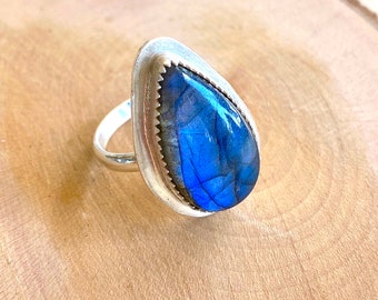 Blue Teardrop Labradorite and Sterling Silver Ring