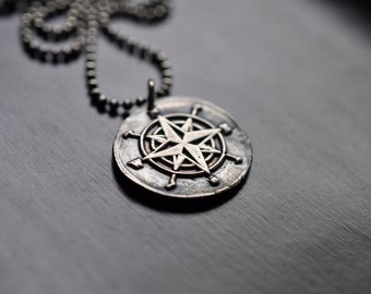 Compass Wax Stamp Necklace, Oxidized Fine Silver