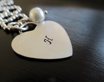 Sterling Silver Heart Pendant, Wire Wrapped Pearl, Sterling Silver Bead Ball Chain, Handstamped Letter
