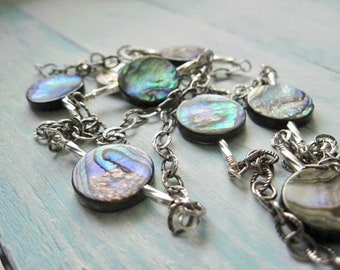 Abalone Shell Coin Necklace, Sterling Silver, Wire Wrapped